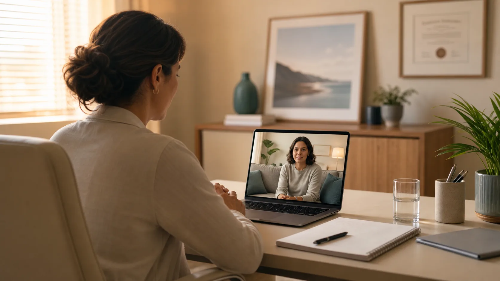 Illustrative telehealth conversation by video, created with AI